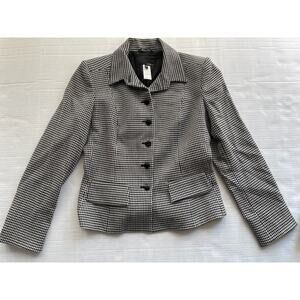 Les Copains Houndstooth Women's Wool Blazer Leather Trim Made In Italy Vintage